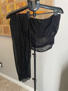 Forest Ink Two Piece Skirt and Strapless Crop - Spider Web Black Mesh - Lined